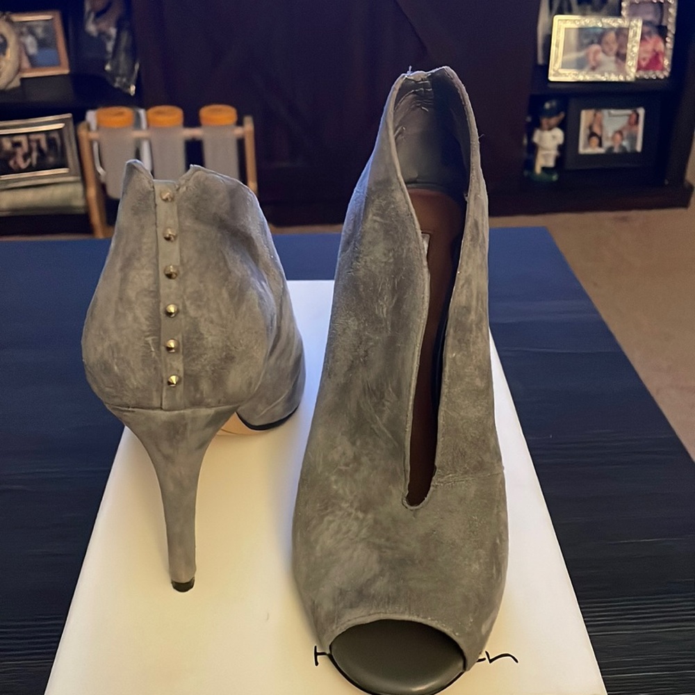 Halogen gray suede peep toe booties, in original box